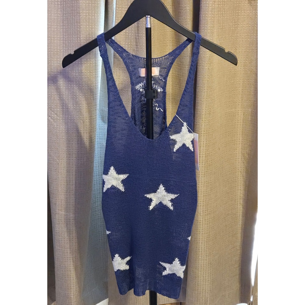 NWT C+D+M Knit V-Neck Tank‎ Top Women's Size Small Blue White Stars